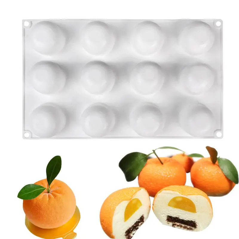 12 cavity orange Силиконовая 3D форма для торта в форме фруктов, форма для мусса, десерта, форма для яблока, лимона, груши, печенья, шоколада, формы для выпечки, сделай сам, противень для выпечки - Цвет: 12 cavity orange