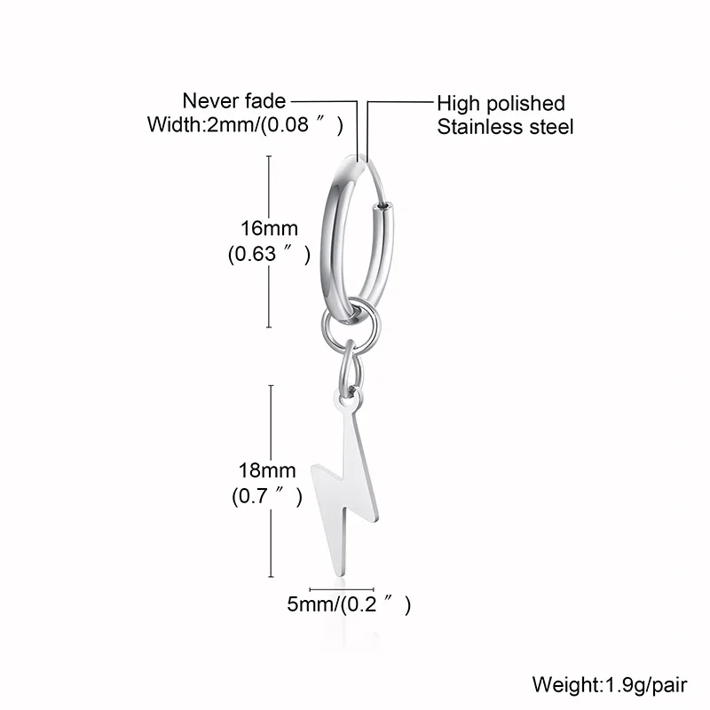 Lightning Bolt Charm Hoop Huggie Silver Color Earrings for Men Stainless Steel Hinge Hoops Lightnings - Image 2
