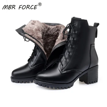 

MBR FORCE female Boots Women Genuine Leather High-heeled Large Size Motorcycle Boots Women New Wool Warm Winter Boots for Women