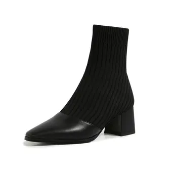 

Genuine leather knitting Ladies Ankle Boots Pointed Toe High Heels ladies boots Night Club Shoes Woman size 41 42 43
