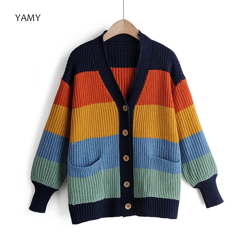 

Vintage style rainbow striped Womens Cardigans long sleeved single breasted causal knit pocket Sweaters Fall knit Jacket Outwear