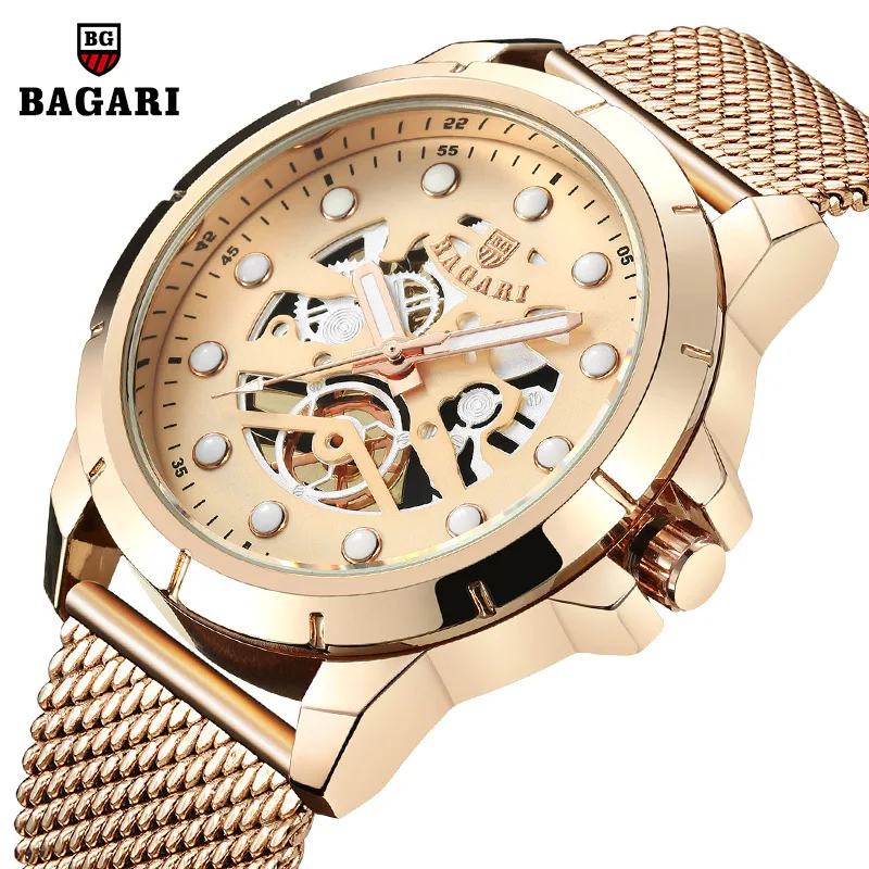 

Bagari New Products Hot Selling Men Steel Belt Quartz Watch Rose Gold Watch