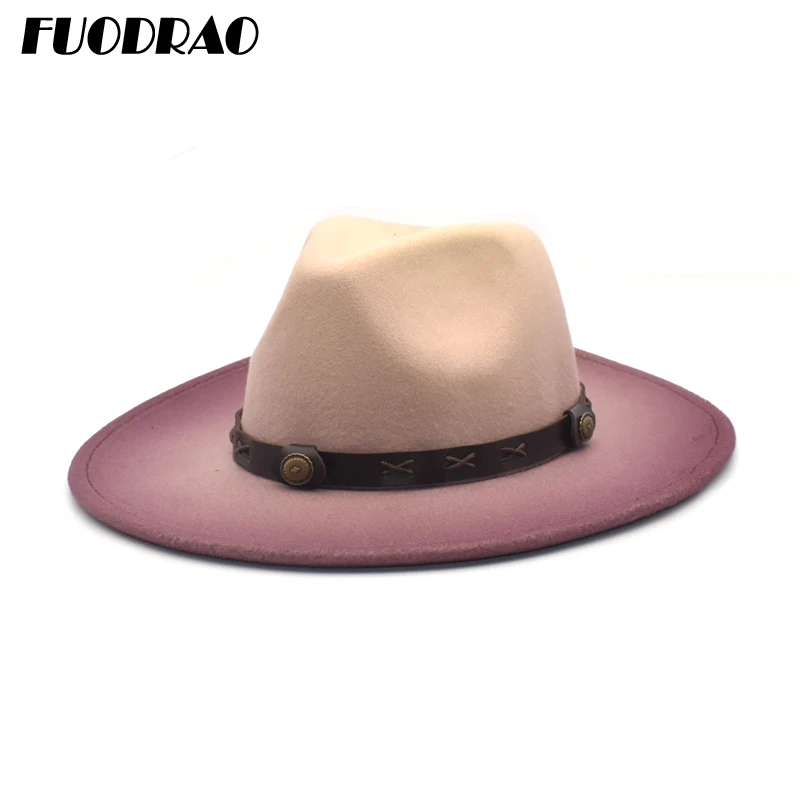 

FUODRAO Women Fedora Hat Large Brim Autumn Winter Wool Panama Gradient Color Bowler Hat British Vintage Jazz Cap D9
