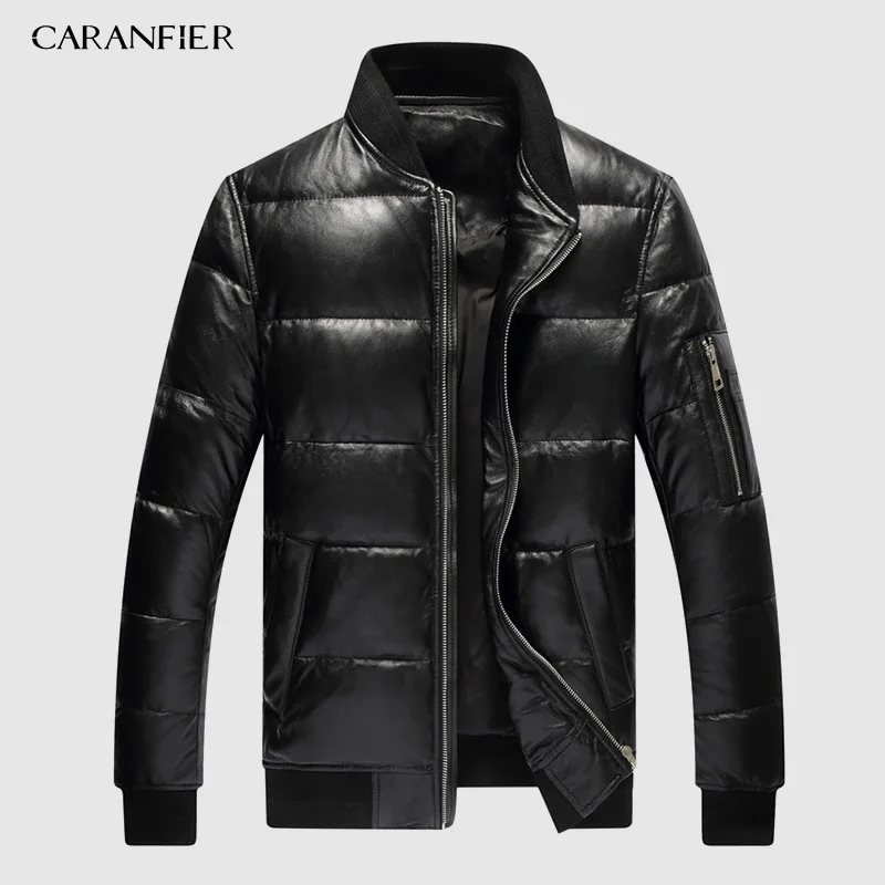 CARANFIER 2019 мужские зимние теплые черные куртки бомберы из настоящей овечьей шкуры