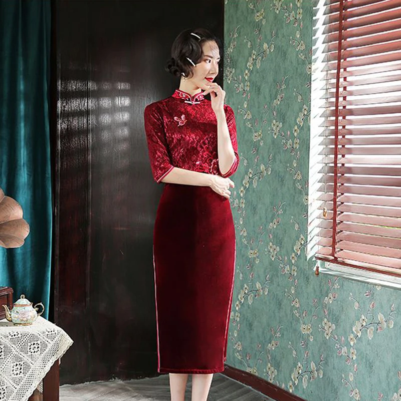 Бордовый кружево женское с коротким рукавом длинный Qipao вышивка китайский традиционный Чонсам воротник стойка велюр вечернее платье