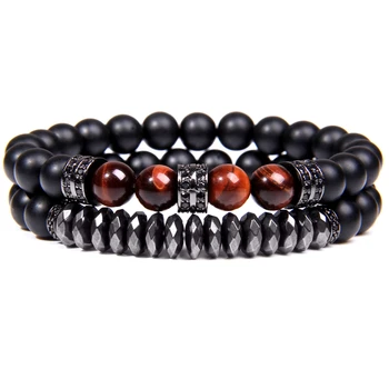 

Double layer Bracelet Blue Tiger Eye Bead Men Bracelet Set Black Fashion New Pave Cubic Zirconia Charm Bracelets For Men Jewelry