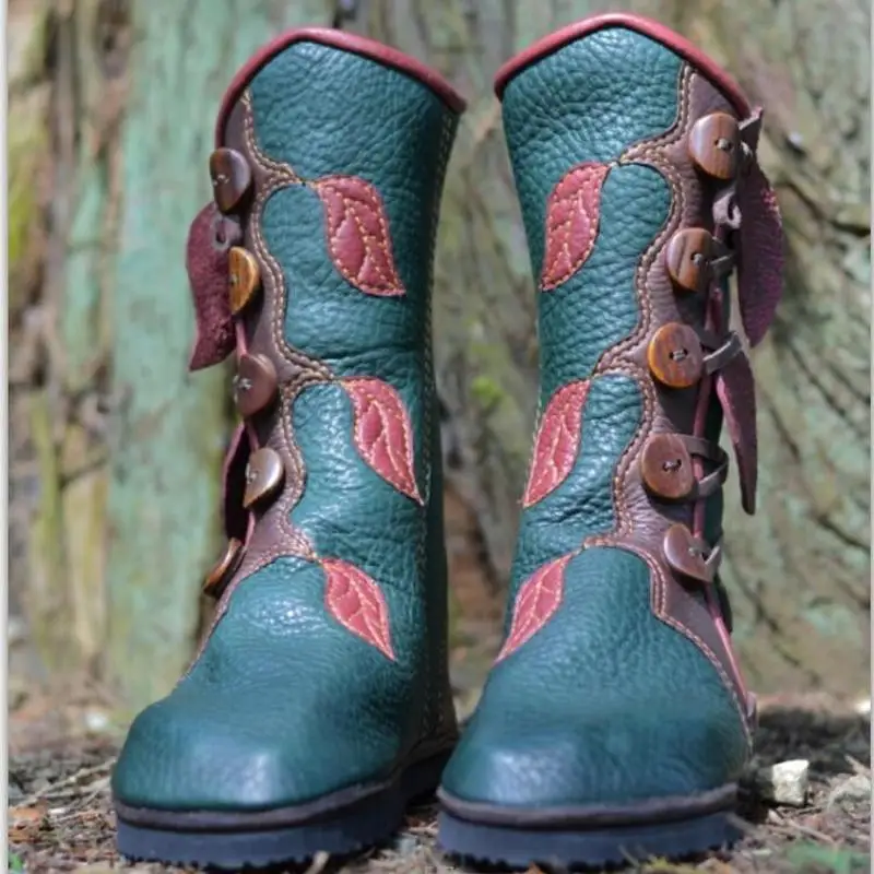 

Women Knee High Boots Ethic Shoes Woman Chaussure Round Toe Zapatos Mujer Sapato Gladiator Vintage PU Leather Booties HP1674