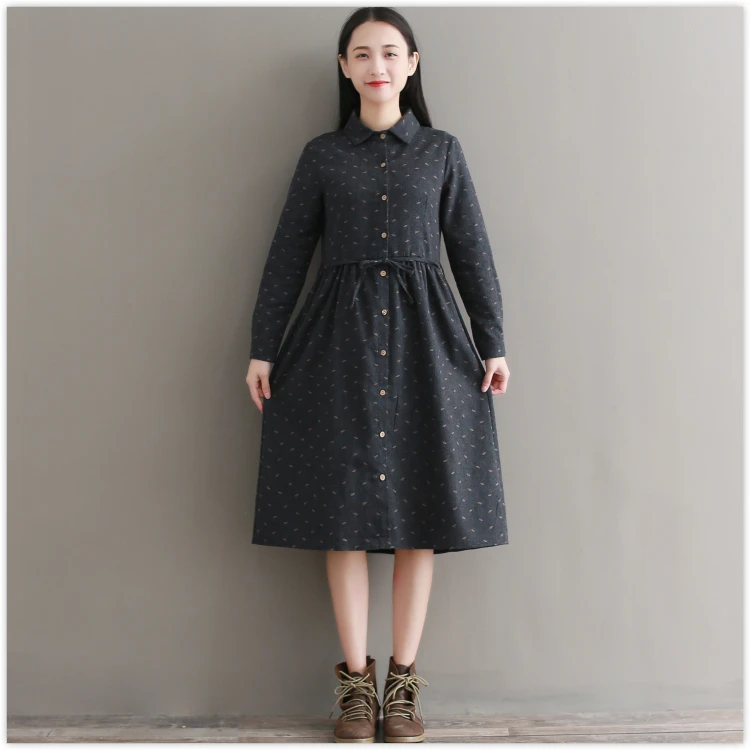 Robe Femme/осенне-зимнее винтажное платье элегантные хлопковые платья с длинными рукавами и отложным воротником для девочек Vestidos AF830
