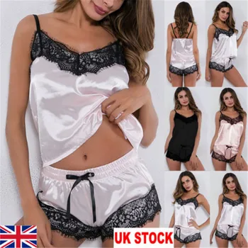 

2Pcs Women Sexy Satin Lingerie Underwear Babydoll Nightwear Sleepwear Strap Solid Color Lace Set