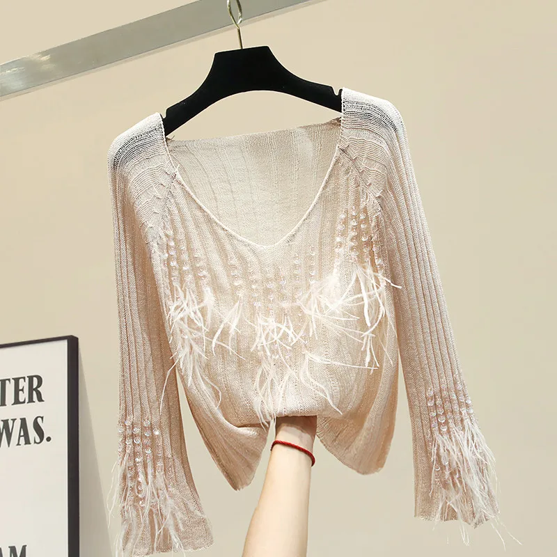 Европейский стиль Свободный вязаный Blusas вязаный свитер Низкий V воротник перо кисточка свитер женский Леди Свободная верхняя одежда Джемперы Femme - Цвет: pale pinkish gray