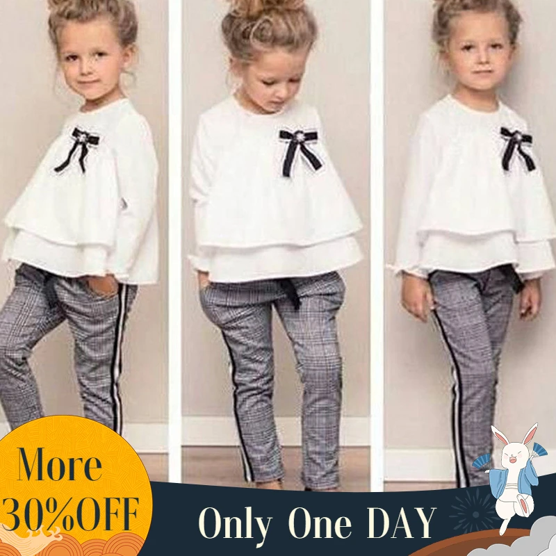 Коллекция года, комплект детской одежды для маленьких девочек Футболка с рюшами Топы+ штаны в клетку комплект эксклюзивной одежды, спортивный костюм