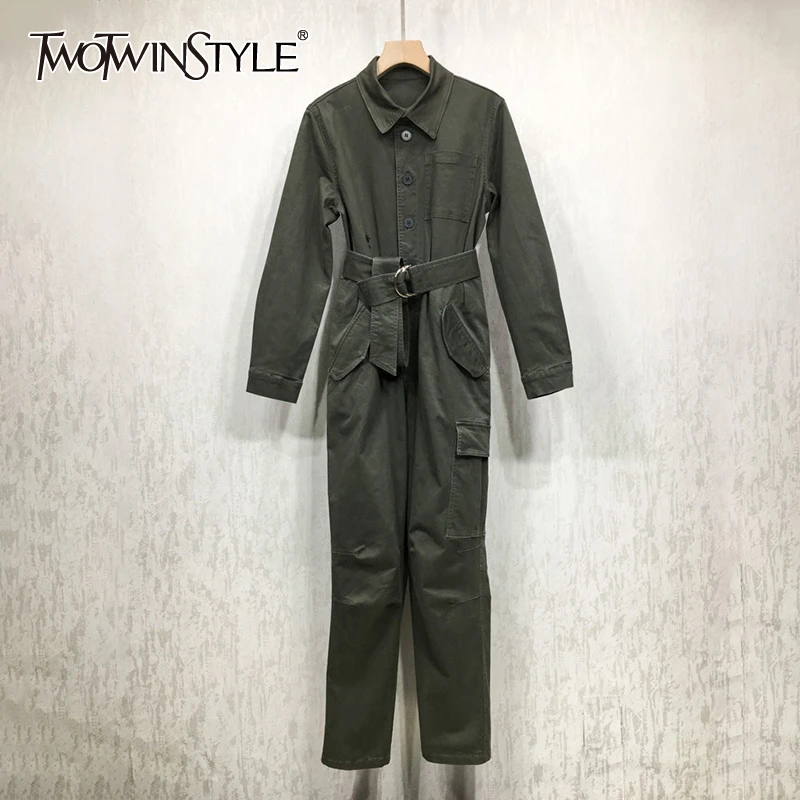 

TWOTWINSTYLE Vintage Women's Jumpsuits Lapel Collar Long Sleeve High Waist With Sashes Pocket Jumpsuit Female 2019 Autumn New