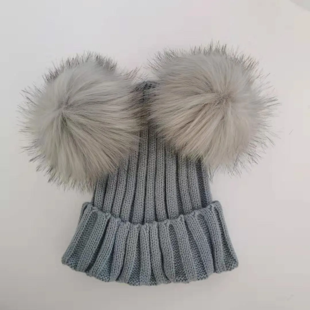 1gray Зимние шапки для детей, детская шапка с помпонами, шапочка для девочки, шапка для малыша, шапка с ушками для маленького мальчика, акриловая шапка для фотосессии 10 месяцев-6 лет - Цвет: 1gray