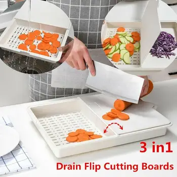 

Folding Chopping Board Multi-function Cutting Board Plastic 3 in1 Kitchen Cut Fruit Creative Drain Flip Cover Cutting Board