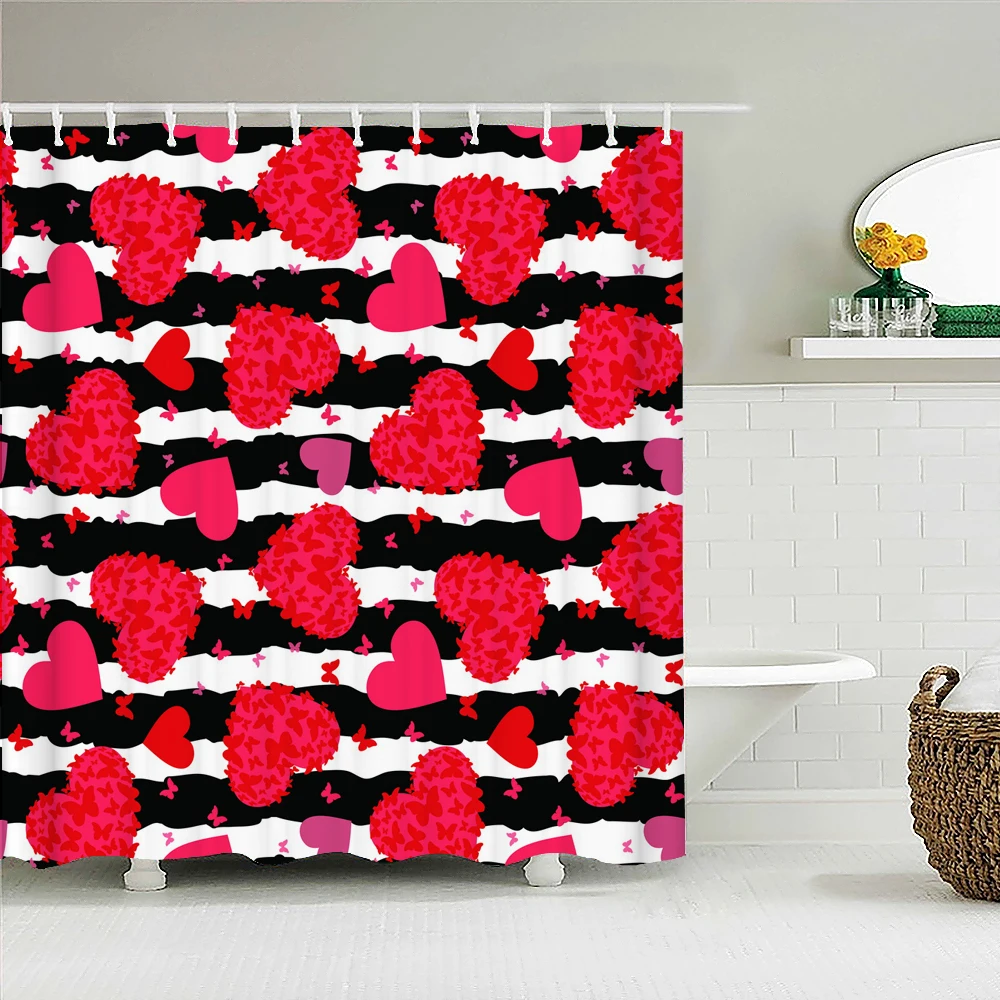 

Pink Romantic Red lips love Rose Printed Fabric Shower Curtains Bath Screen Valentine's Day Waterproof Bathroom Decor with Hooks