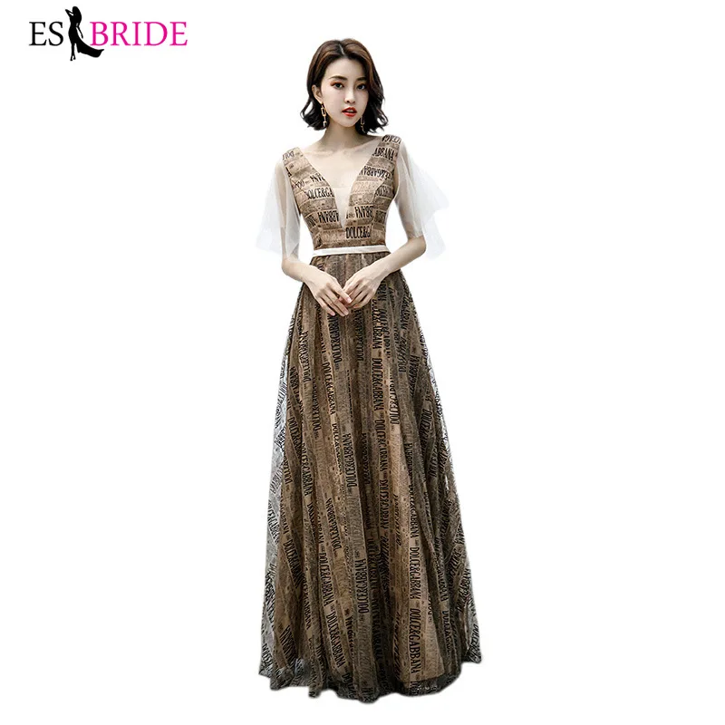 Элегантное Золотое выпускное платье трапециевидной формы с v-образным вырезом, рукав летучая мышь, прозрачные тюлевые блестящие вечерние платья Vestido Formatura ES2967