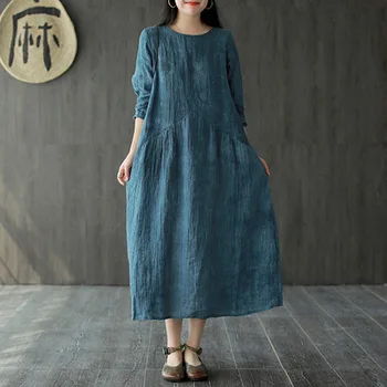 

Linen Tie-Dyed Dress Women's Spring New Retro Artistic Loose Large Size Stitching Long Women dresses