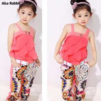 

AiLe Rabbit 2018 Summer Girls Two-Piece Ethnic Wind Chiffon Sleeveless Set Sling Tops Pants 2 Piece Set Fashion Girls Kids Set