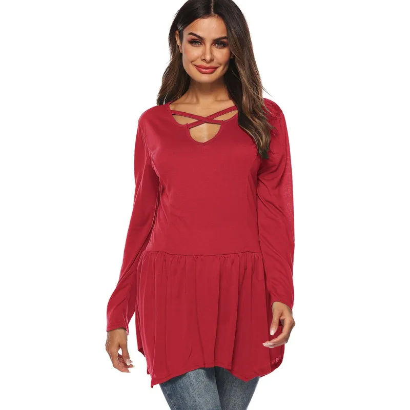 

Newest Ladies Solid Irregular Collar Ruffles Casual Tee Tops Women Loose Long Sleeve T Shirt Female Hollow Out Fashion T-shirt