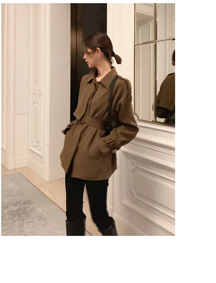 New Elegant Fashion Coat Women Short Blends Coat Jacket Female Korean Version Casual Short Loose Belt Coat Femme