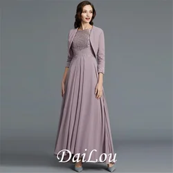 2021 Graceful Two Pieces High Low Lace Mother of the Bride Dresses With Jacket Three Quarter Sleeves Beaded Wedding Party Gowns
