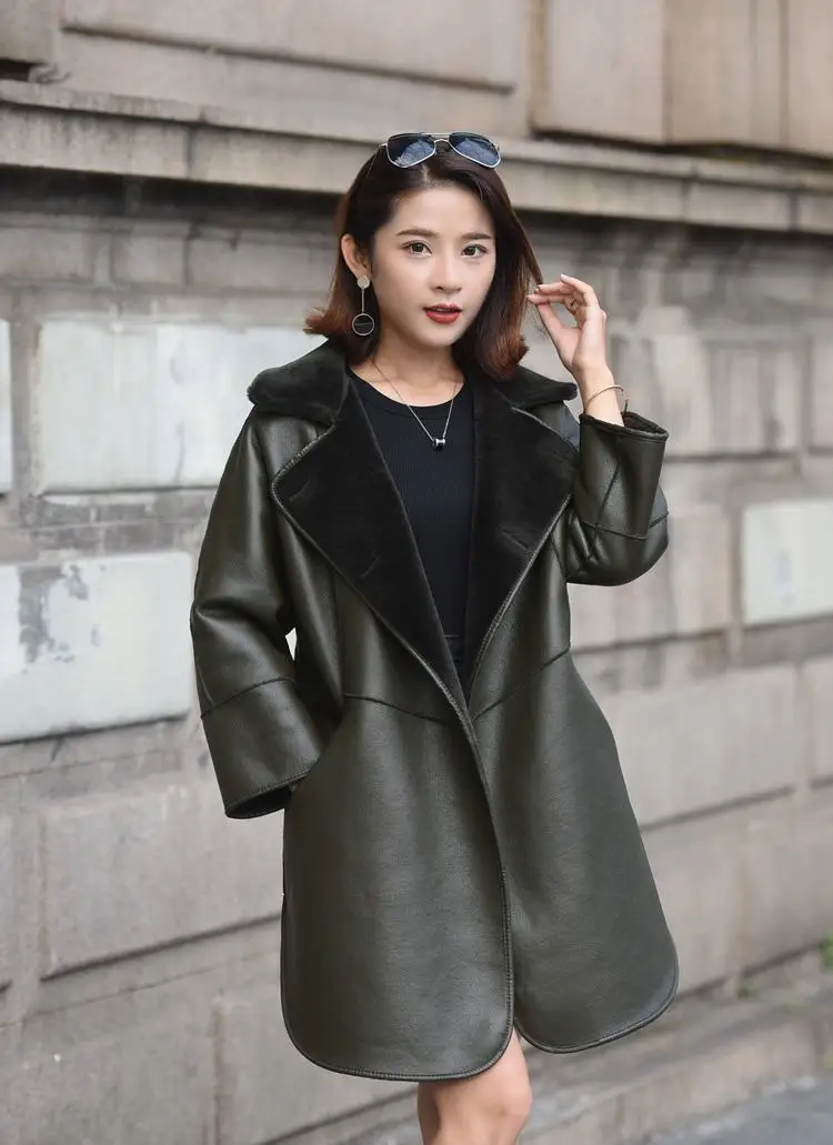 Women New Autumn Winter Real Natural Sheep Shearling Overcoat Sheepskin Jacket Female Double Sided Outwear With Sashes N124