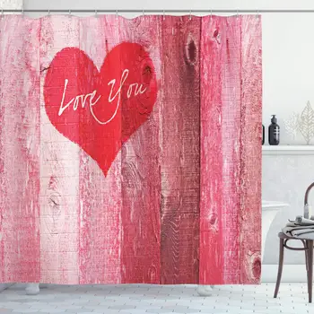 

Love Shower Curtain, Love You Heart on Grunge Style Rustic Wooden Background Valentines Day Retro Print, Cloth Fabric Bathroom