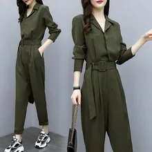 Plus Size Jumpsuits and Rompers For Women Spring Fall Long Sleeve Army Green Casual Loose Long Pants Suits Fashion Lady Clothes