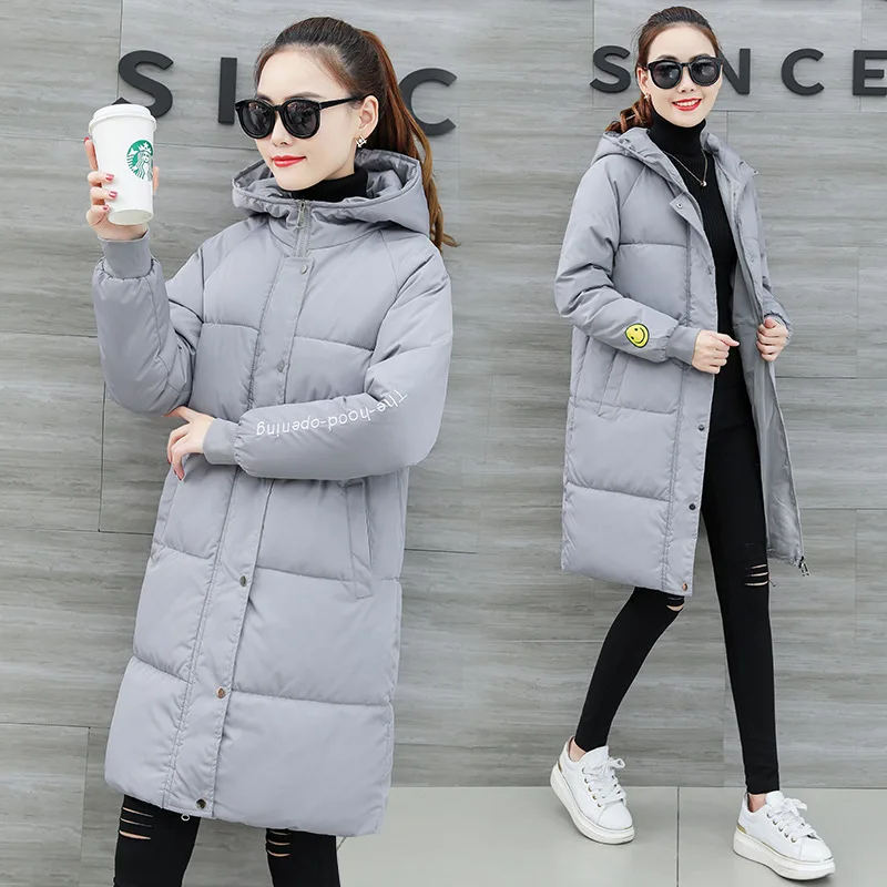 

2019 Winter New Style Korean-style Fashion Cotton-padded Jacket Women's Solid Color Hooded Smiley Extra-large Long WOMEN'S Cotto
