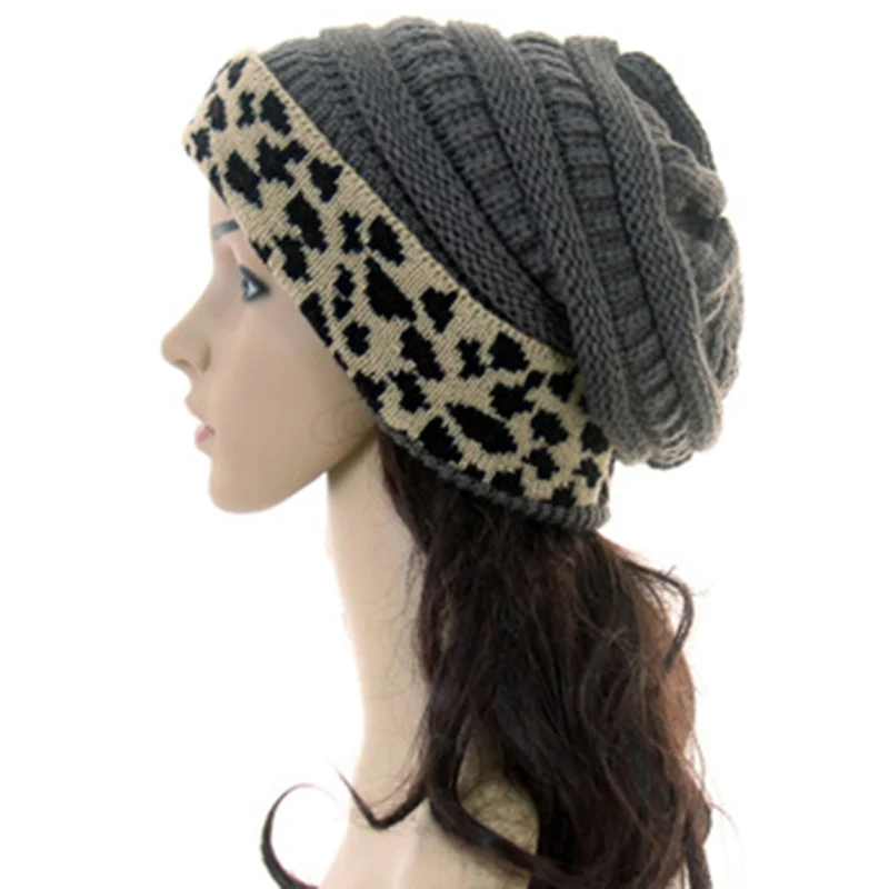 Зимние фирменные леопардовые шапки, женская теплая зимняя женская шапка, шапка для девочек, вязаные шапки, шапка, толстые женские шапки с биркой - Цвет: Темно-серый