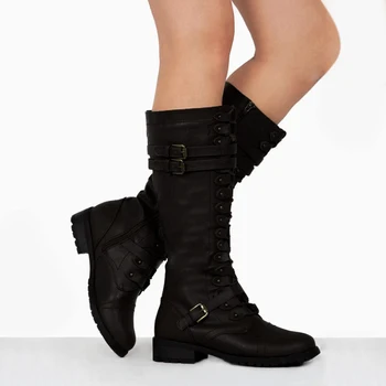 

Fashion Steampunk Women Motorcycle Boots Over Knee Lace Up Boots Khaki Black Gothic Warm Female Shoes Military Combat Boots