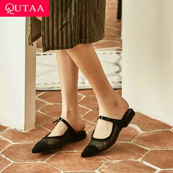 

QUTAA 2020 Pointed Toe Kid Suede Mesh Ladies Summer Buckle Slip on Comfort Women Flats Shoes Slingback Sandals Size 34-40