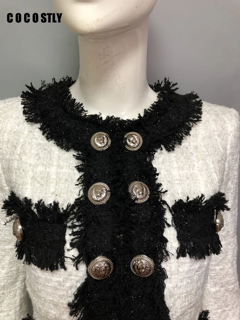New  Women elegant black white tweed jacket fringe double breasted office lady formal jackets 2019 winte
