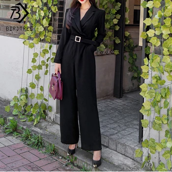 

2020 Spring New Korean Style Solid Slim Jumpsuits For Women Notched Full Sleeve Sashes Ladies Wide Leg Long Rompers B02913K