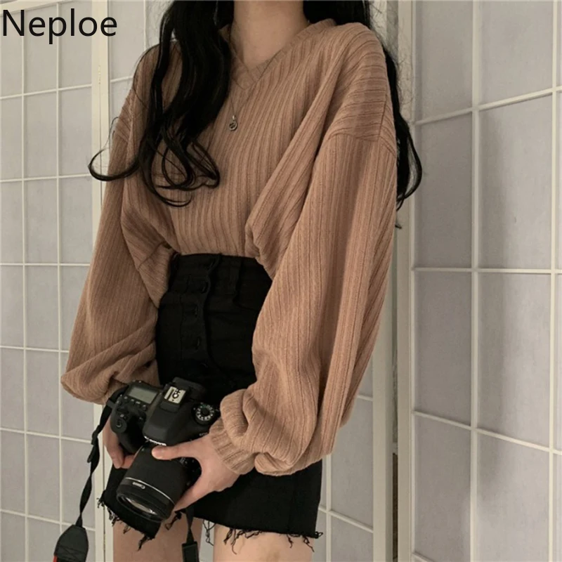 Neploe, женские свитера с v-образным вырезом, корейский Ретро стиль, рукав-фонарик, вязанные пуловеры, Осень-зима, свободные, одноцветные, мягкие, тонкие, женские свитера 80296