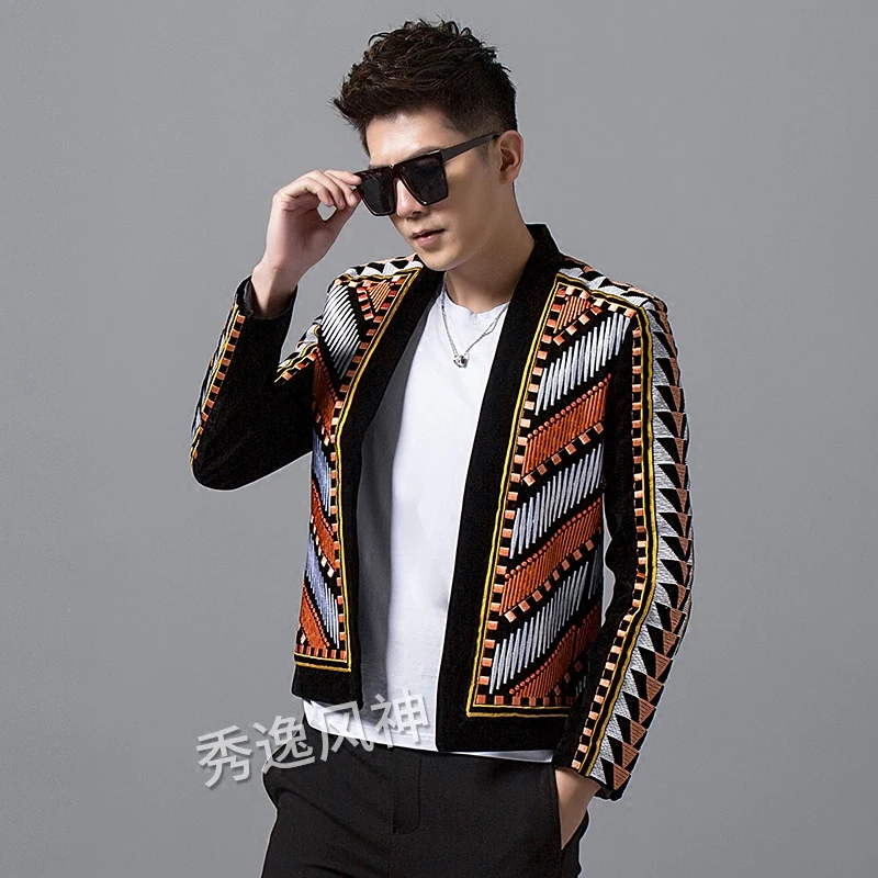 Костюм в этническом стиле импортная бархатная Мужская куртка с вышивкой корейская модная тенденция певец из ночного клуба Повседневная куртка для выступлений