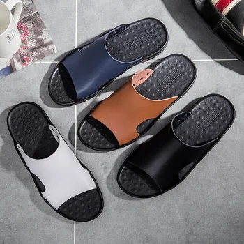 

2020 Summer Men Sandals Leather Quality Beach Slippers Casual Shoes Flat Outdoor Beach Shoes Big Size 38-48