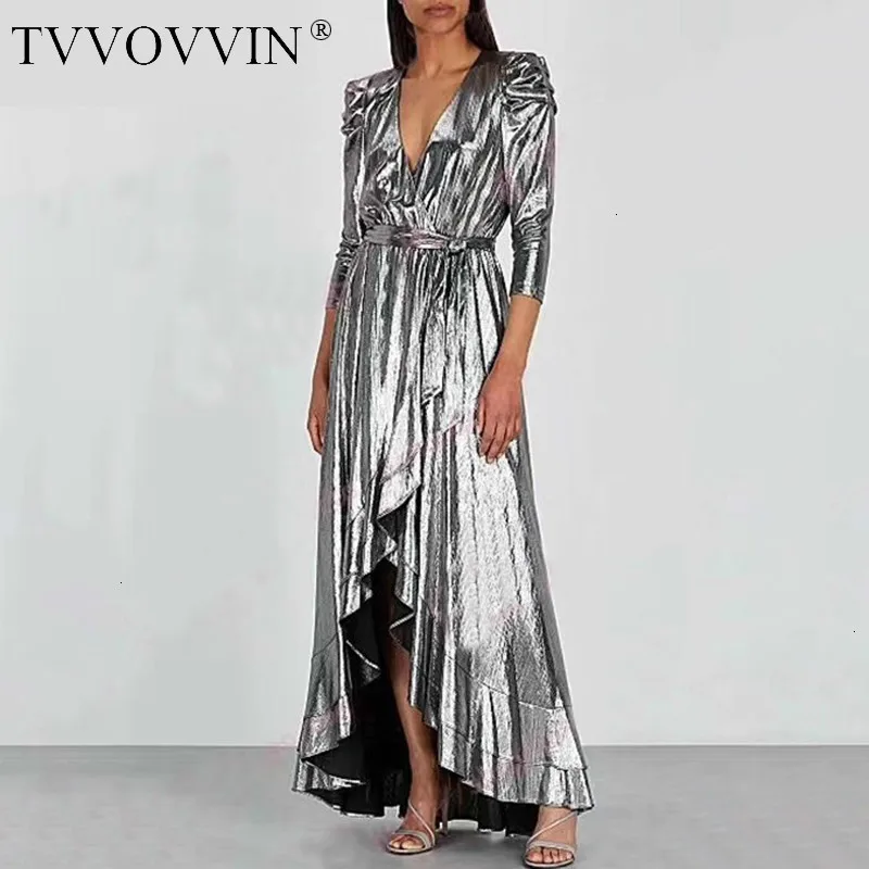 

Elegant Ruffle Dress For Women V Neck Long Sleeve High Waist Lace Up Plus Size Dresses Female 2019 Autumn Fashion New X680