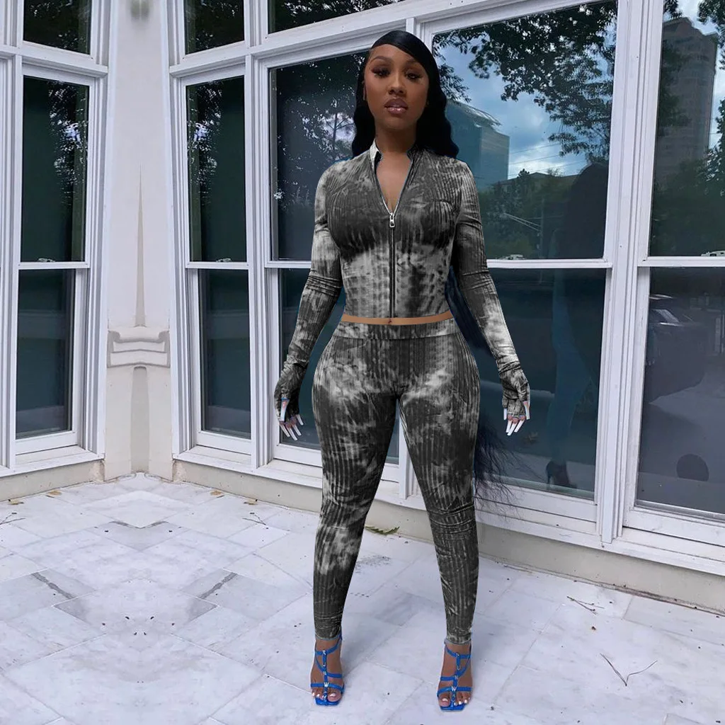 

Casual Tie Dye Two Piece Set Tracksuit Women Clothes Long Sleeve Zipper Sweatshirt Top Elastic High Waist Pant Trousers Outfits