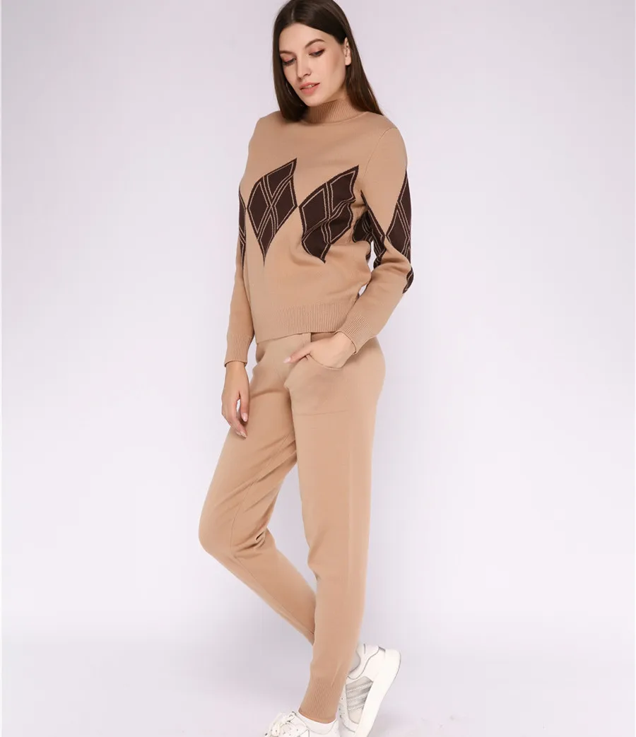 

Turtleneck Pullover Sweatshirts Two Piece Set Geometric Patterns Tops and Knit Pants Women Tracksuit Autumn Winter 2 Piece Sets