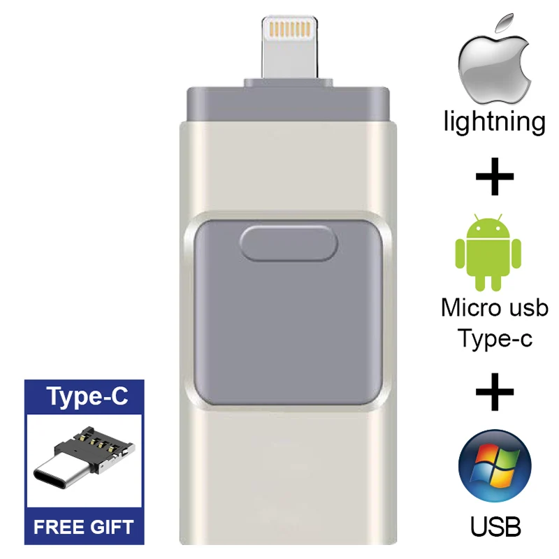 silver Type-C Бесплатный Тип C адаптер Флешка для iPhone/IPad сверкающий USB флэш-накопитель USB 3,0 Рамочка для фотографии 256 ГБ 128 Гб 64 ГБ 32 ГБ 16 ГБ 512 ГБ - Цвет: silver Type-C