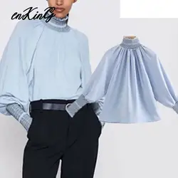 2019 omen, модная Свободная блузка za, рукав-фонарик, водолазка, свободная рубашка, Женская офисная одежда, небесно-голубой, зеленый, шикарные