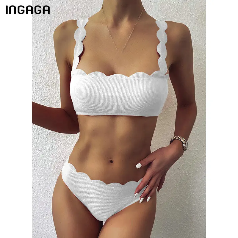 crochet bikini set INGAGA Push Up Bikinis 2021 Swimsuits Scalloped Edge Swimwear Women Ribbed Bathing Suits Solid Bandeau Biquini Beach Bikini Set 3 piece bikini set