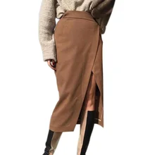 Женская замшевая длинная юбка цвета хаки на осень и зиму, повседневная юбка со шнуровкой, Женская миди-юбка с высокой талией, Офисная женская элегантная