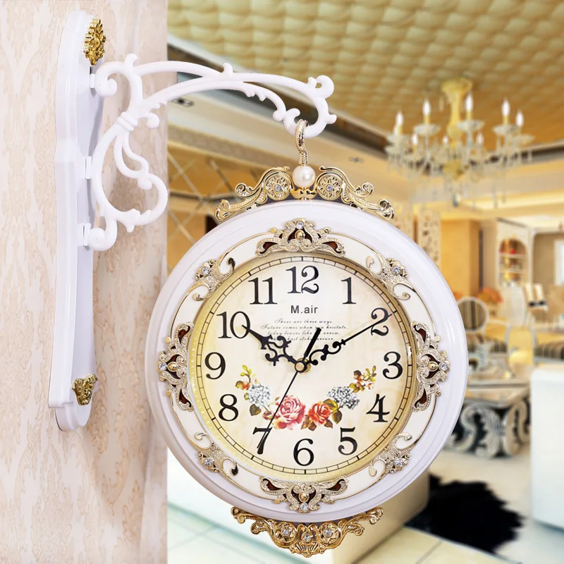 Double-sided Vintage Wall Clocks Home Decor European Living Room Clock Silence Reloj De Pared Creative kitchen Clock Quartz 6D17 - Color: D1
