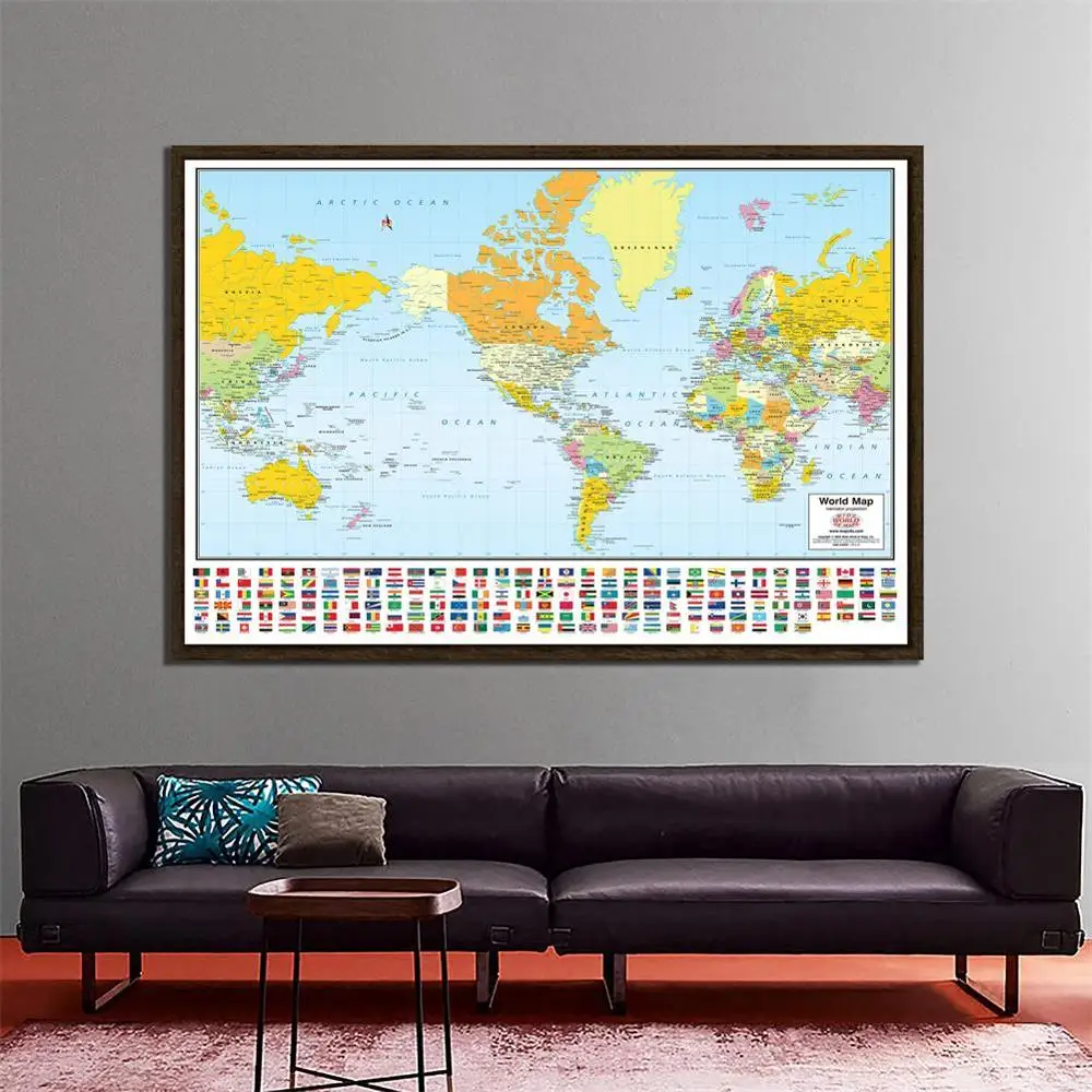 

150x225cm The World Mercator Projection Map With National Flags Non-woven Waterproof World Map For Travel And Trip
