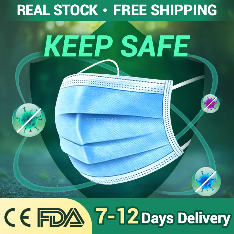 

Disposable Mask Face Mask Mouth Mask 100 Pcs Protective Satety Mask Anti-Pollution Respirator PM2.5 3 Layer Elastic Earloop Mask