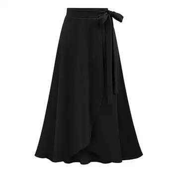 

Women Fashion Solid Color Bandage High Waist Pleated Split Cross Hem Long Skirt Lady's solid color high-waisted lace dress