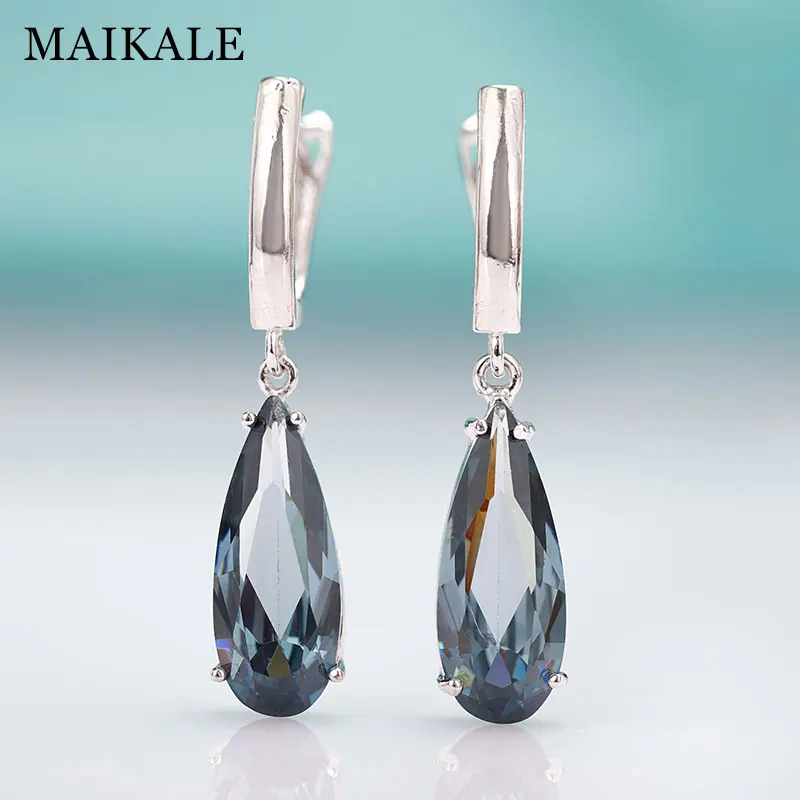 Женские длинные серьги капельки MAIKALE зеленые из розового золота с натуральным