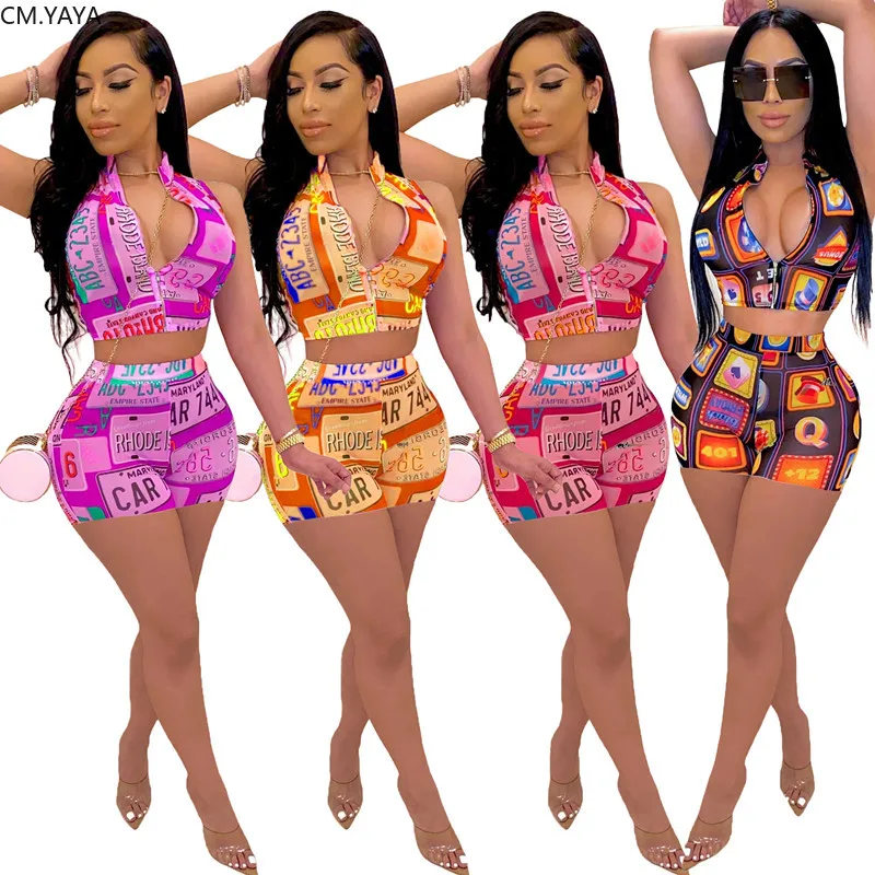 S-3XL Summer Women Set Tracksuits Street Sleeveless Print Crop Tops+Shorts Sexy Night Party Fitness Two Piece Suit Outfits G8141 |
